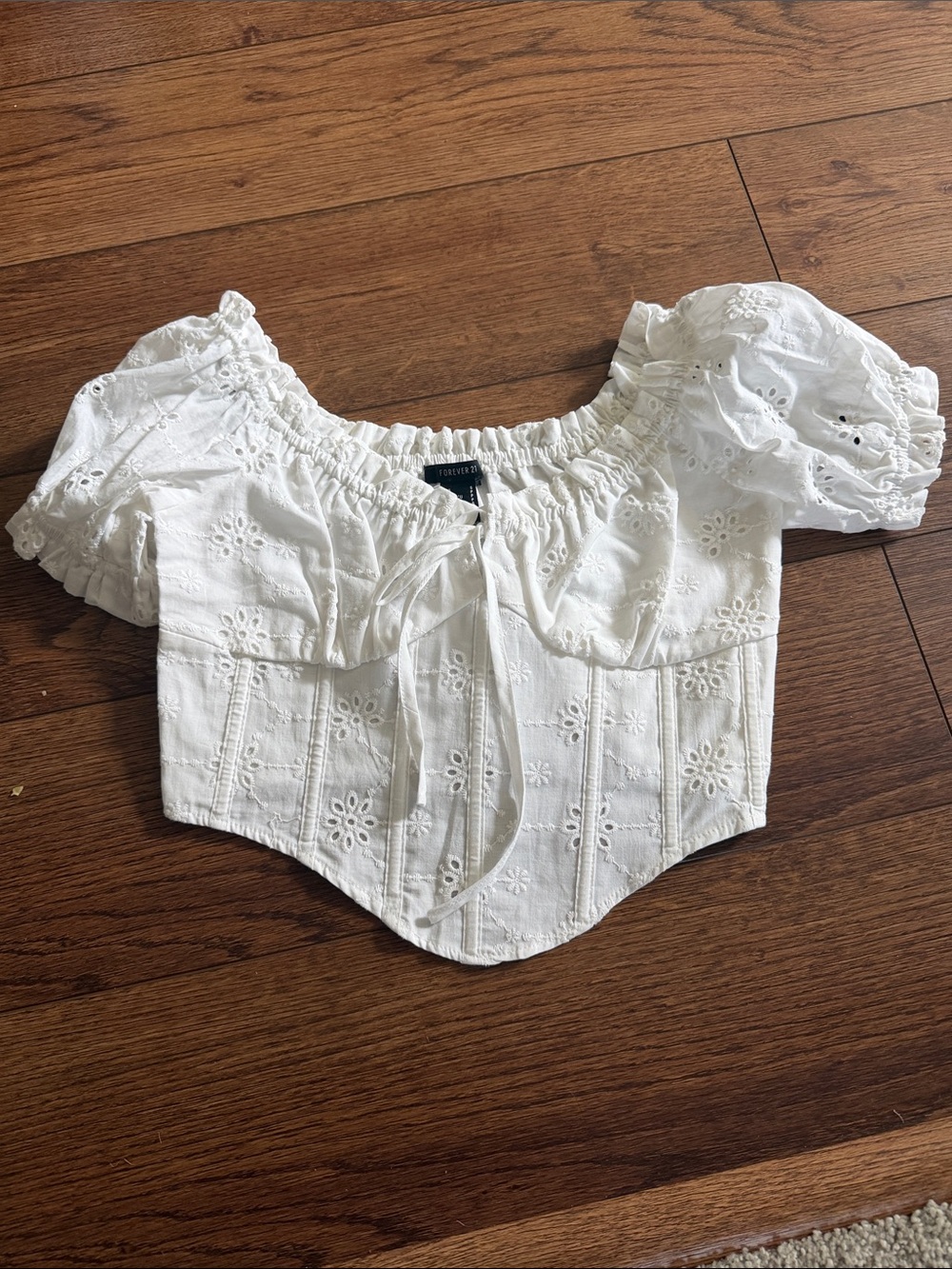 Forever 21 White Eyelet Puff-Sleeve Corset Crop Top